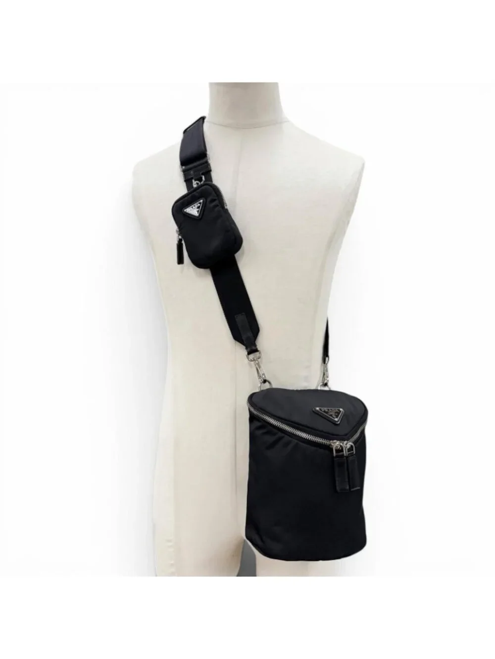 Prada Nylon Leather Re-Nylon Triangle Logo Shoulder Bag Black Silver with Plate